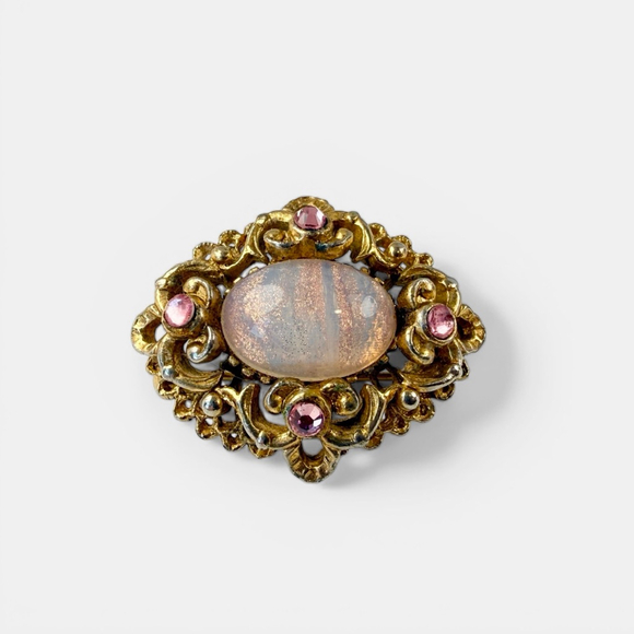 1950s Victorian Revival Opal Glass Brooch Gold Tone Romantic Floral Pin - Picture 1 of 6